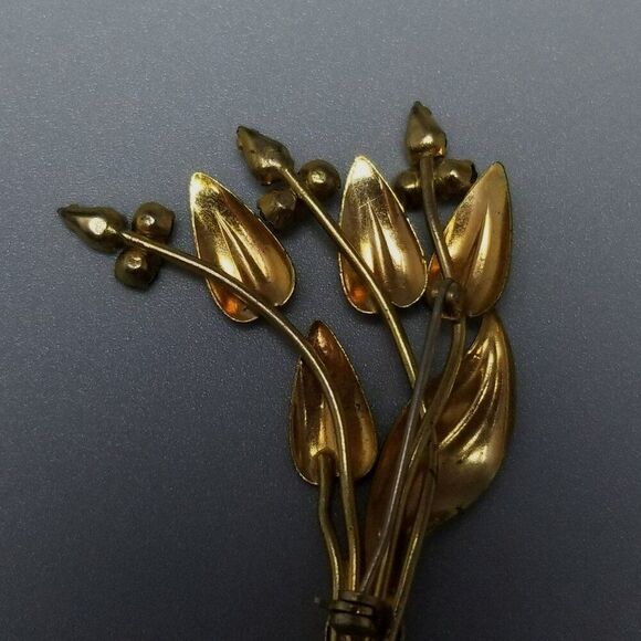 Vintage Gold Tone Rhinestone Leaf Brooch, Retro 50s Style Lapel Pin, Estate - Picture 3 of 6